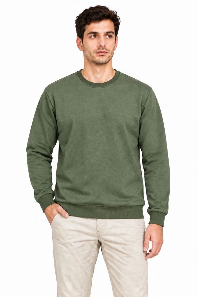 Erkek 3'Lü Bisiklet Yaka İçi Şardonlu 2 İplik Düz Uzun Kollu Regular Fit Sweatshirt - Haki - Kahverengi - Mavi