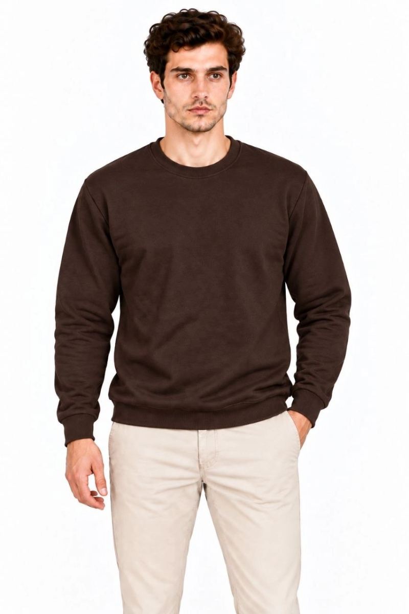 Erkek 3'Lü Bisiklet Yaka İçi Şardonlu 2 İplik Düz Uzun Kollu Regular Fit Sweatshirt - Haki - Kahverengi - Mavi