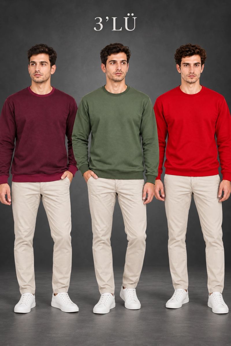 Erkek 3'Lü Bisiklet Yaka İçi Şardonlu 2 İplik Düz Uzun Kollu Regular Fit Sweatshirt -Bordo - Gri - Kırmızı