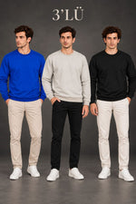 Erkek 3'Lü Bisiklet Yaka İçi Şardonlu 2 İplik Düz Uzun Kollu Regular Fit Sweatshirt -Mavi - Gri - Siyah