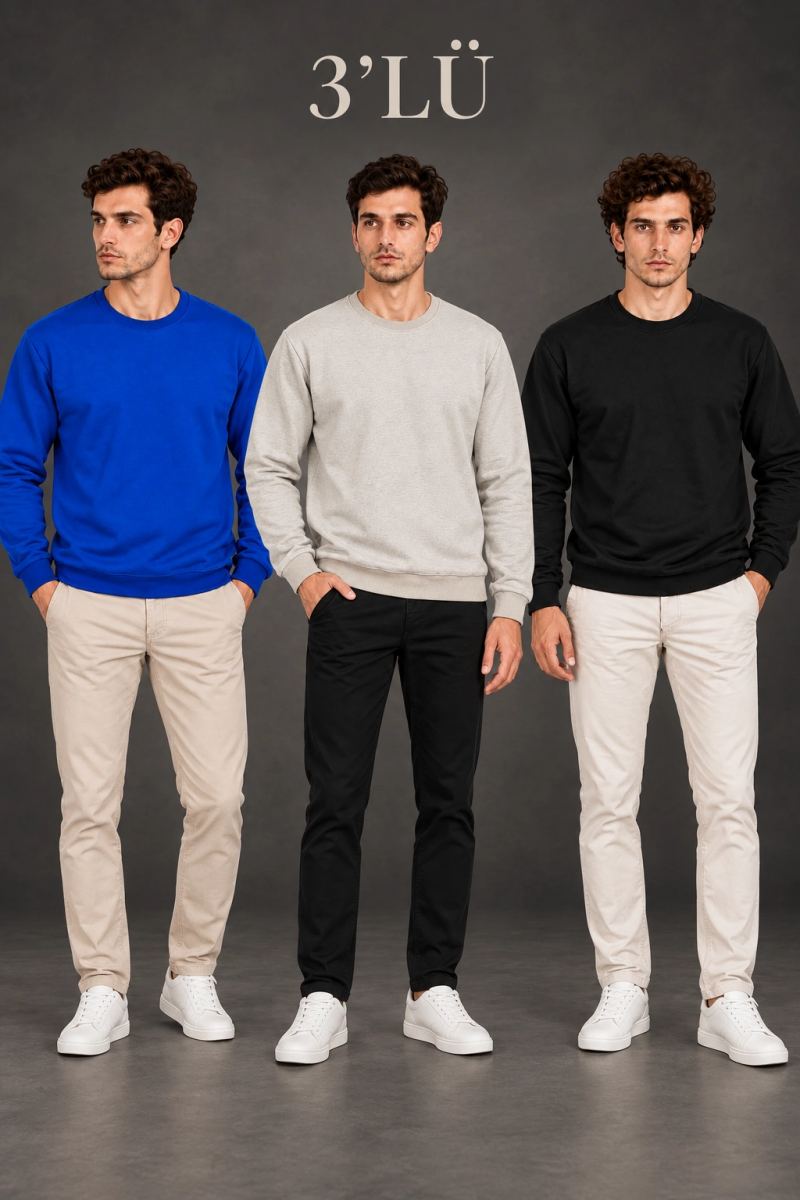 Erkek 3'Lü Bisiklet Yaka İçi Şardonlu 2 İplik Düz Uzun Kollu Regular Fit Sweatshirt -Mavi - Gri - Siyah