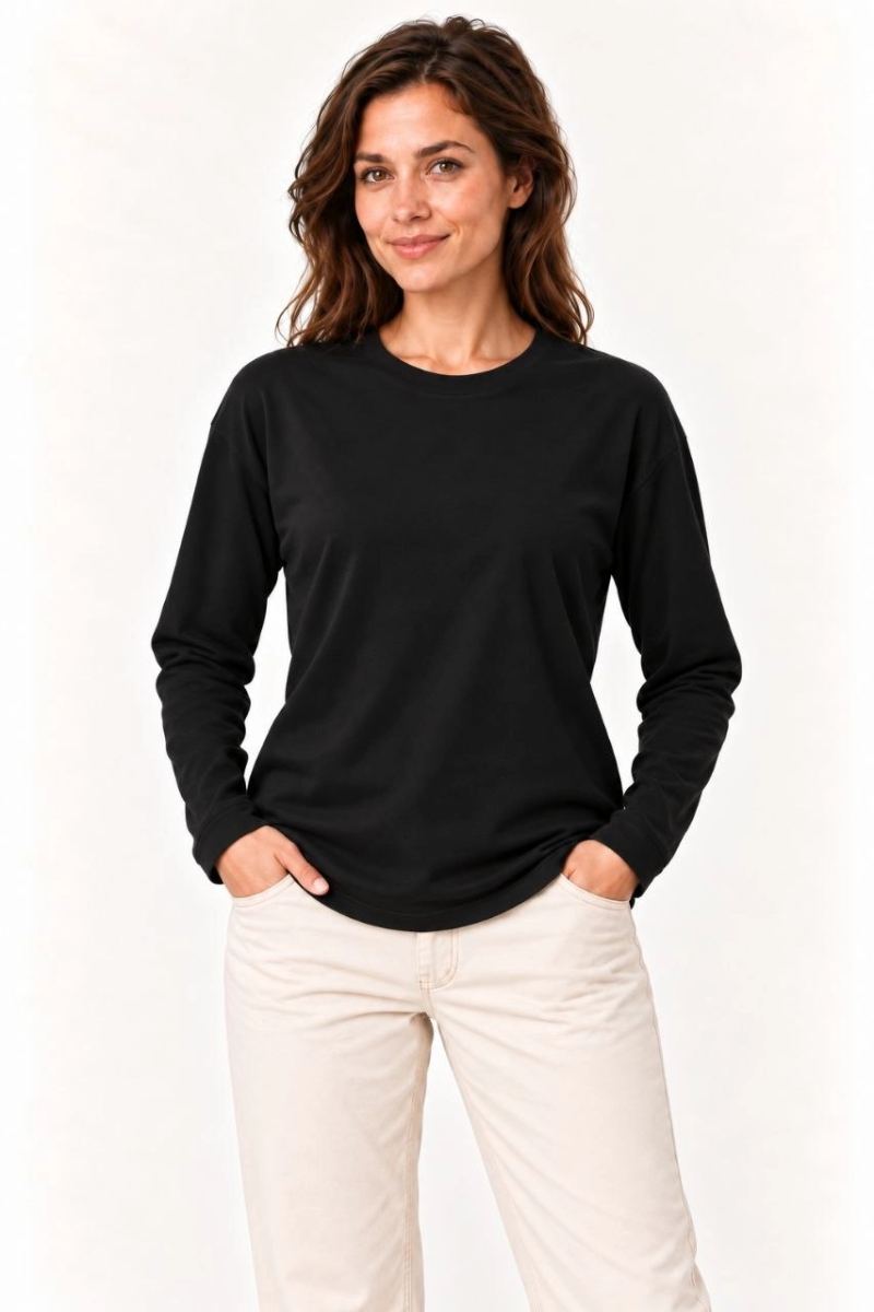 Kadın Modal Yumuşak Dokulu Bisiklet Yaka Uzun Kollu Tişört Sweatshirt - Siyah