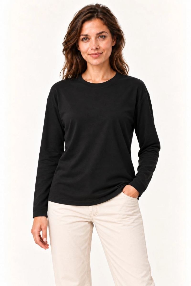 Kadın Modal Yumuşak Dokulu Bisiklet Yaka Uzun Kollu Tişört Sweatshirt - Siyah