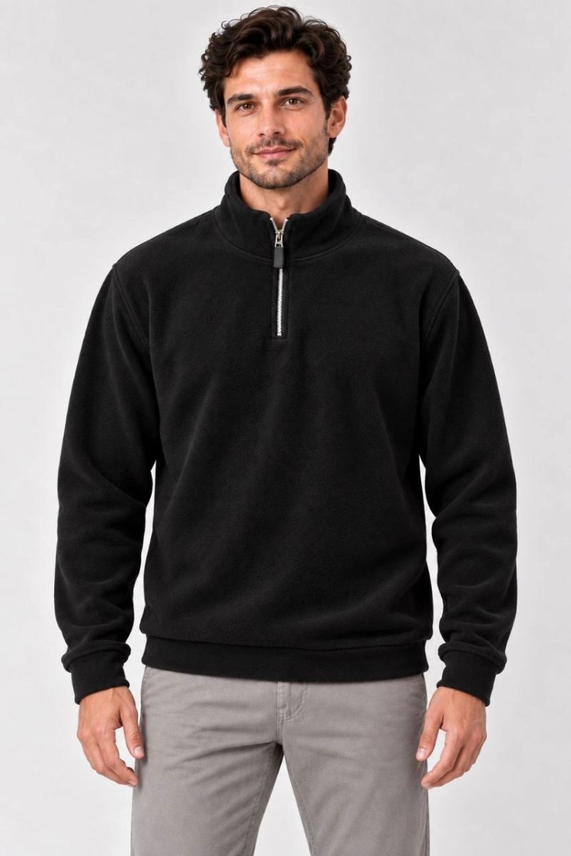 Erkek Polar Dik Yaka Yarım Fermuarlı Uzun Kollu Regular Fit Kışlık Sweatshirt - Siyah