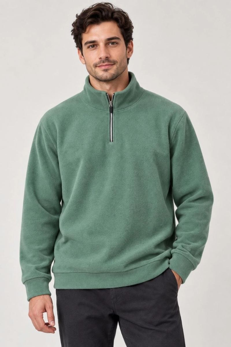 Erkek Polar Dik Yaka Yarım Fermuarlı Uzun Kollu Regular Fit Kışlık Sweatshirt - Mint Yeşili