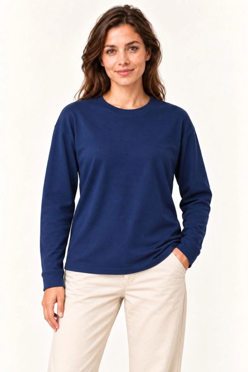 Kadın Modal Yumuşak Dokulu Bisiklet Yaka Uzun Kollu Tişört Sweatshirt - Lacivert