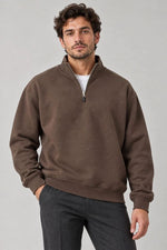 Erkek Üç İplik İçi Şardonlu Dik Yaka Yarım Fermuarlı Kışlık Sweatshirt - Kahverengi