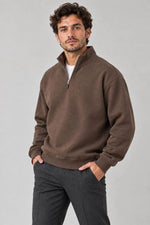 Erkek Üç İplik İçi Şardonlu Dik Yaka Yarım Fermuarlı Kışlık Sweatshirt - Kahverengi
