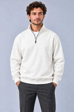Erkek Üç İplik İçi Şardonlu Dik Yaka Yarım Fermuarlı Kışlık Sweatshirt - Beyaz