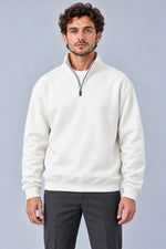 Erkek Üç İplik İçi Şardonlu Dik Yaka Yarım Fermuarlı Kışlık Sweatshirt - Beyaz