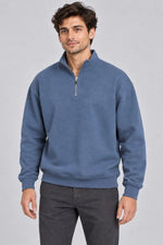 Erkek Üç İplik İçi Şardonlu Dik Yaka Yarım Fermuarlı Kışlık Sweatshirt - Mavi