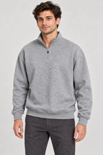 Erkek Üç İplik İçi Şardonlu Dik Yaka Yarım Fermuarlı Kışlık Sweatshirt - Grİ
