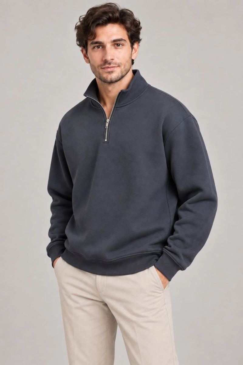 Erkek Üç İplik İçi Şardonlu Dik Yaka Yarım Fermuarlı Kışlık Sweatshirt - Füme
