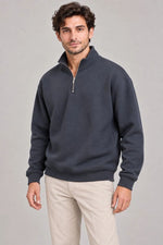 Erkek Üç İplik İçi Şardonlu Dik Yaka Yarım Fermuarlı Kışlık Sweatshirt - Füme