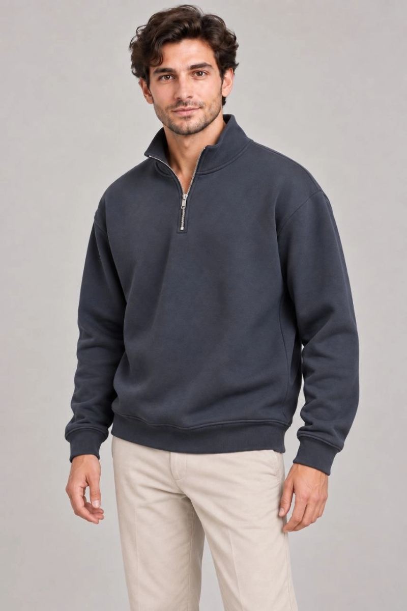 Erkek Üç İplik İçi Şardonlu Dik Yaka Yarım Fermuarlı Kışlık Sweatshirt - Füme