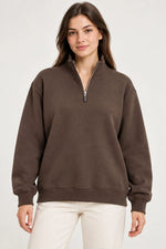 Kadın Üç İplik İçi Şardonlu Dik Yaka Yarım Fermuarlı Kışlık Sweatshirt - Kahverengi