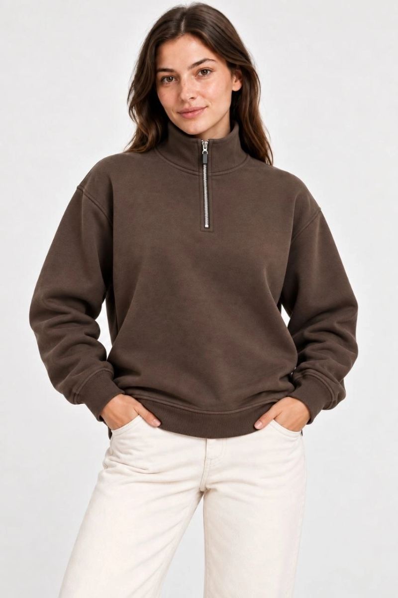 Kadın Üç İplik İçi Şardonlu Dik Yaka Yarım Fermuarlı Kışlık Sweatshirt - Kahverengi