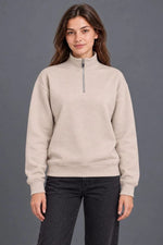 Kadın Üç İplik İçi Şardonlu Dik Yaka Yarım Fermuarlı Kışlık Sweatshirt - Bej