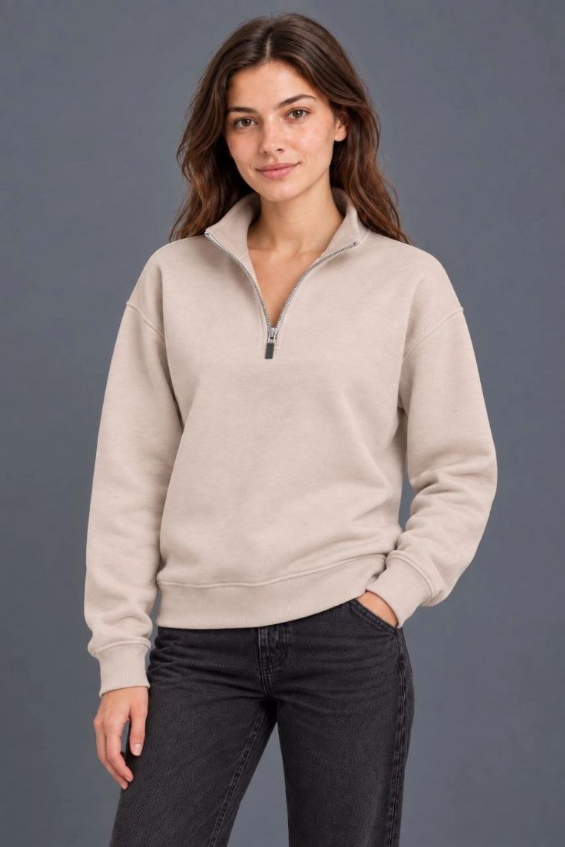 Kadın Üç İplik İçi Şardonlu Dik Yaka Yarım Fermuarlı Kışlık Sweatshirt - Bej