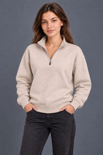 Kadın Üç İplik İçi Şardonlu Dik Yaka Yarım Fermuarlı Kışlık Sweatshirt - Bej