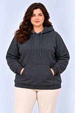 Kadın Battal Büyük Beden Üç İplik İçi Şardonlu Kapüşonlu Kanguru Cepli Kışlık Sweatshirt - Füme
