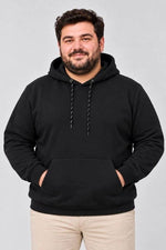Erkek Battal Büyük Beden Üç İplik İçi Şardonlu Kapüşonlu Kanguru Cepli Kışlık Sweatshirt - Siyah