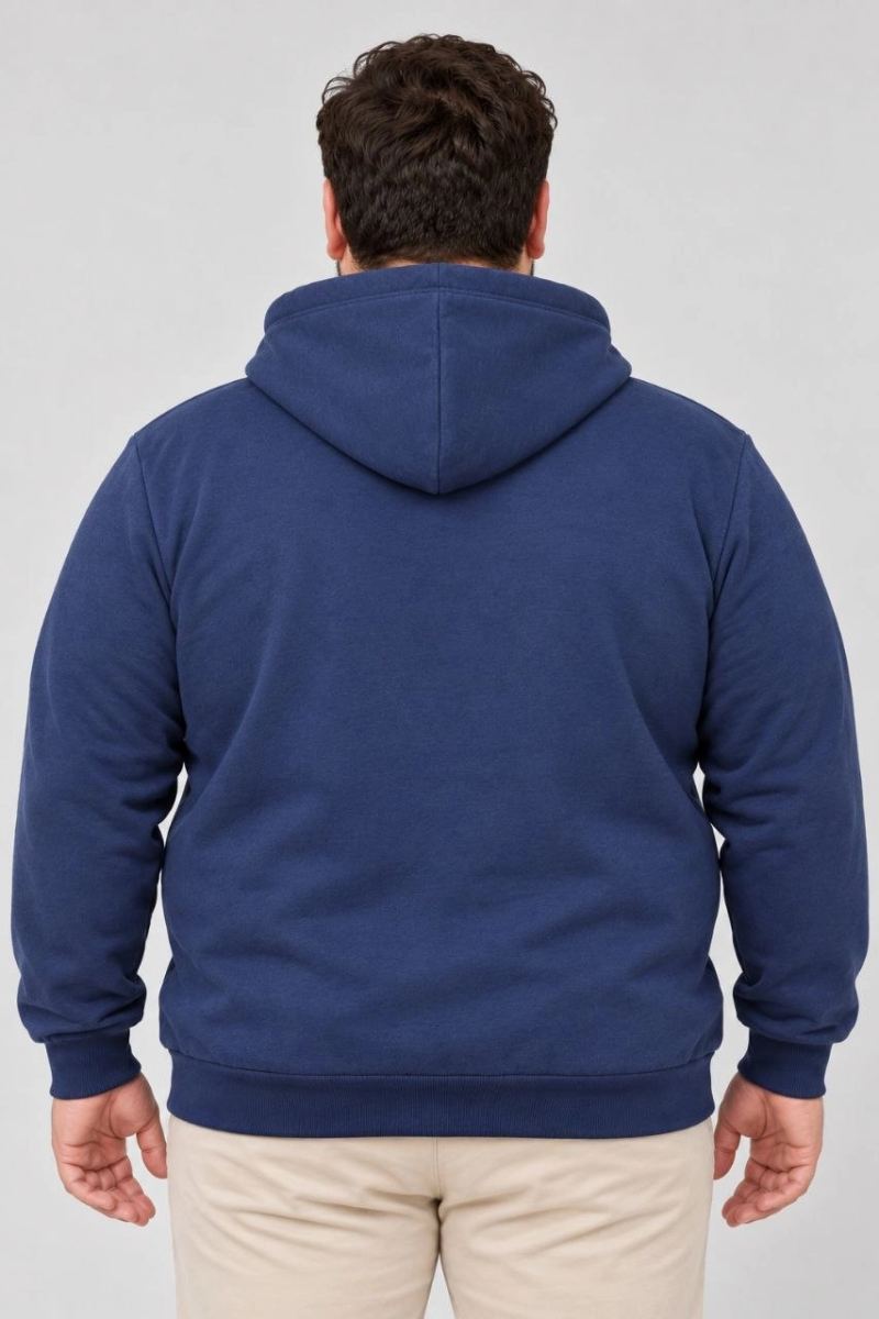Erkek Battal Büyük Beden Üç İplik İçi Şardonlu Kapüşonlu Kanguru Cepli Kışlık Sweatshirt - Lacivert