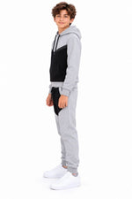 Erkek Çocuk Üç İplik İçi Şardonlu Kapüşonlu Renk Bloklu Alt Üst Eşofman Takımı - Gri
