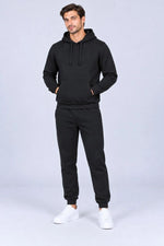 Erkek Üç İplik İçi Şardonlu Kapüşonlu Kanguru Cepli Jogger Alt Üst Eşofman Takımı - Siyah