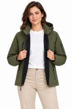 Kadın Su Geçirmez Softshell İçi Polar Astarlı Çıkarılabilir Kapüşonlu 4 Cepli Mont Ceket - Haki