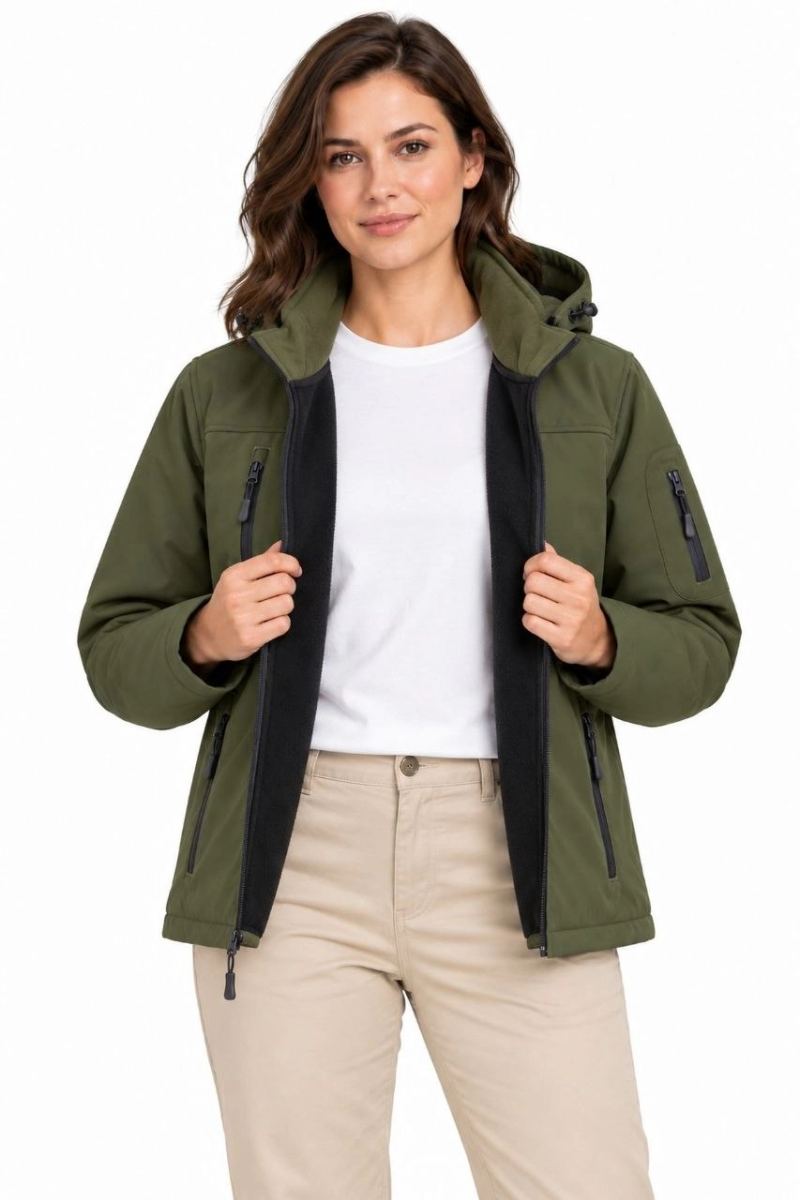 Kadın Su Geçirmez Softshell İçi Polar Astarlı Çıkarılabilir Kapüşonlu 4 Cepli Mont Ceket - Haki
