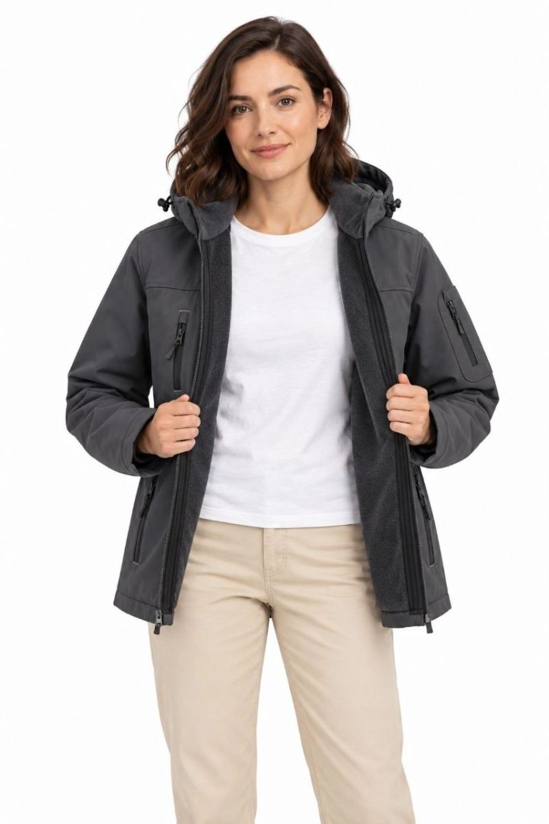 Kadın Su Geçirmez Softshell İçi Polar Astarlı Çıkarılabilir Kapüşonlu 4 Cepli Mont Ceket - Füme