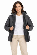 Kadın Su Geçirmez Softshell İçi Polar Astarlı Çıkarılabilir Kapüşonlu 4 Cepli Mont Ceket - Füme