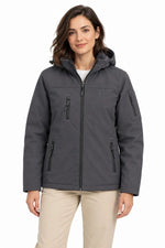 Kadın Su Geçirmez Softshell İçi Polar Astarlı Çıkarılabilir Kapüşonlu 4 Cepli Mont Ceket - Füme