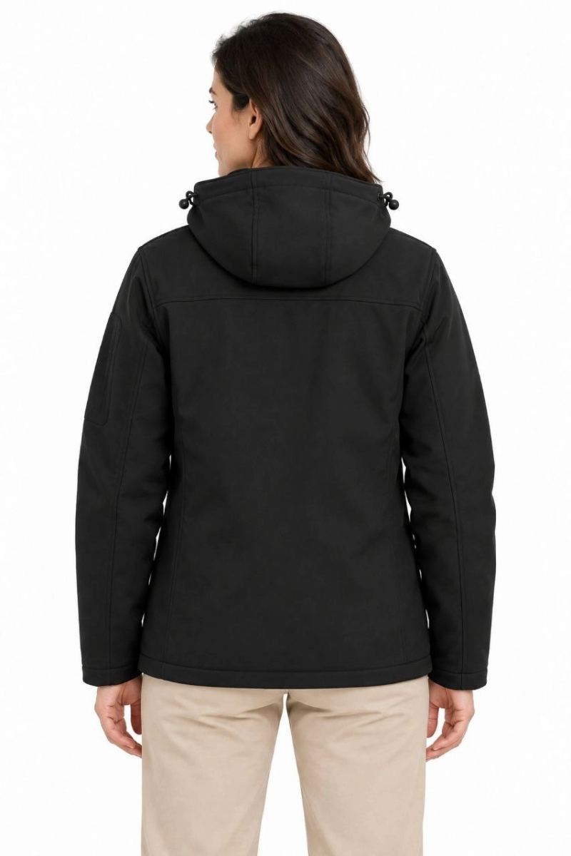 Kadın Su Geçirmez Softshell İçi Polar Astarlı Çıkarılabilir Kapüşonlu 4 Cepli Mont Ceket - Siyah
