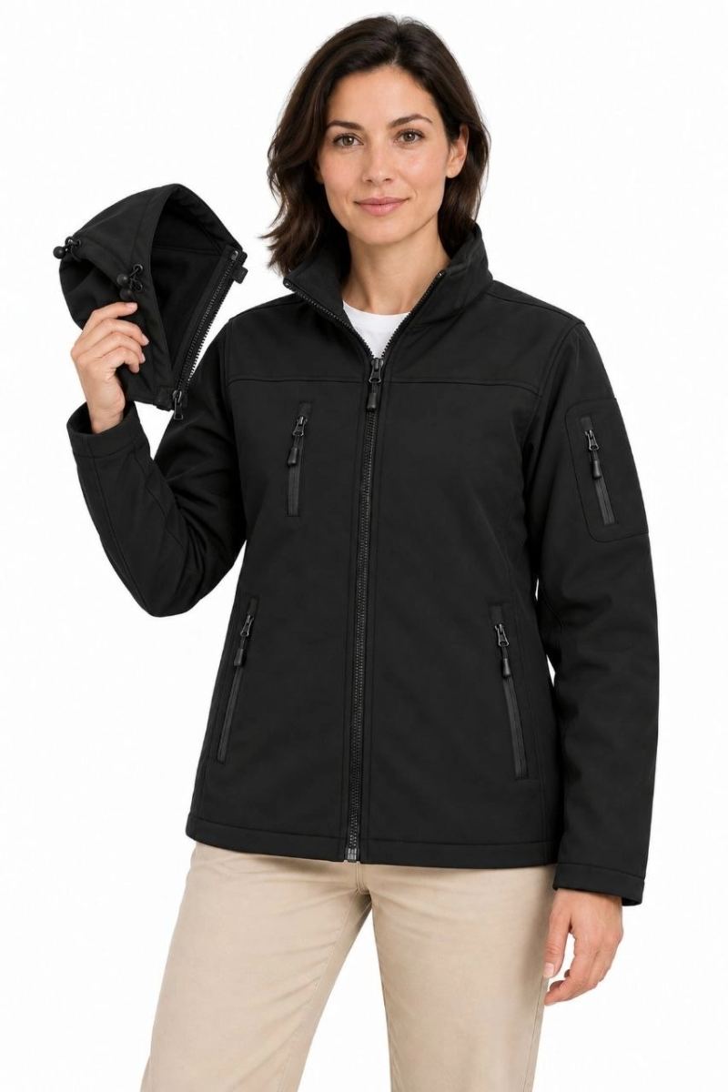 Kadın Su Geçirmez Softshell İçi Polar Astarlı Çıkarılabilir Kapüşonlu 4 Cepli Mont Ceket - Siyah