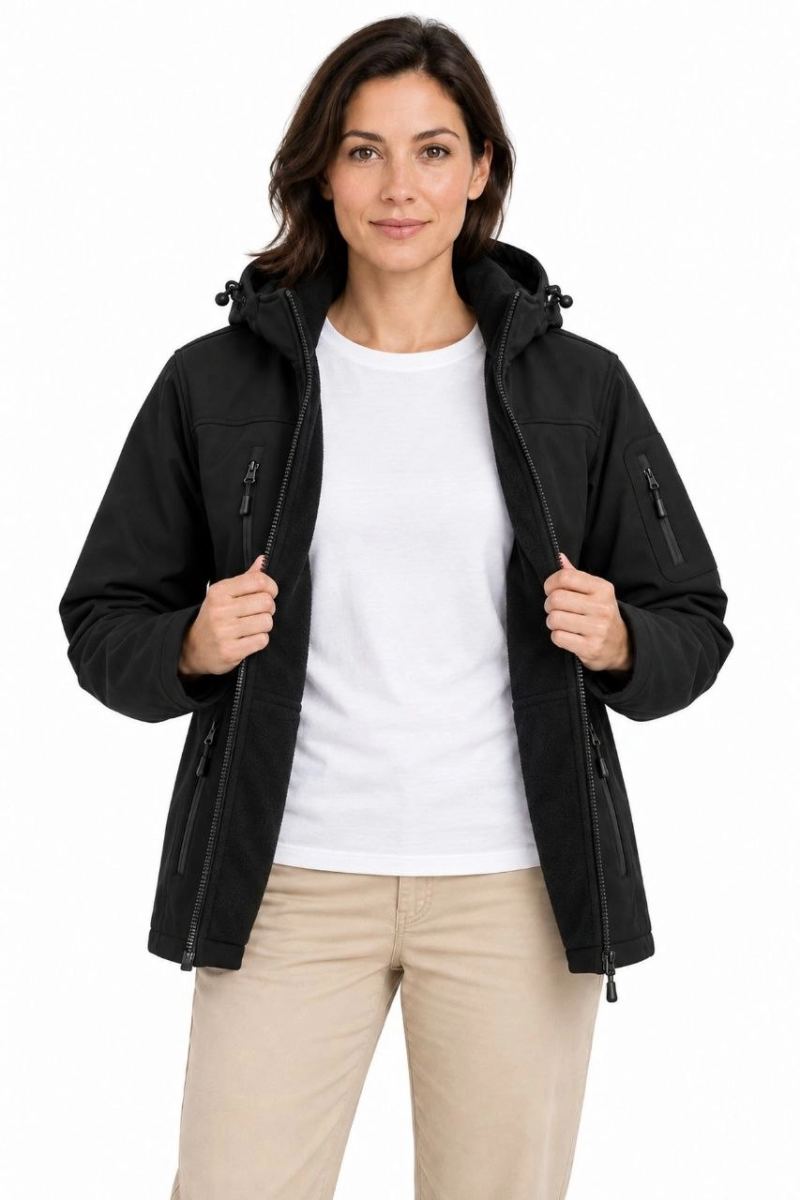 Kadın Su Geçirmez Softshell İçi Polar Astarlı Çıkarılabilir Kapüşonlu 4 Cepli Mont Ceket - Siyah