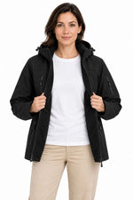 Kadın Su Geçirmez Softshell İçi Polar Astarlı Çıkarılabilir Kapüşonlu 4 Cepli Mont Ceket - Siyah