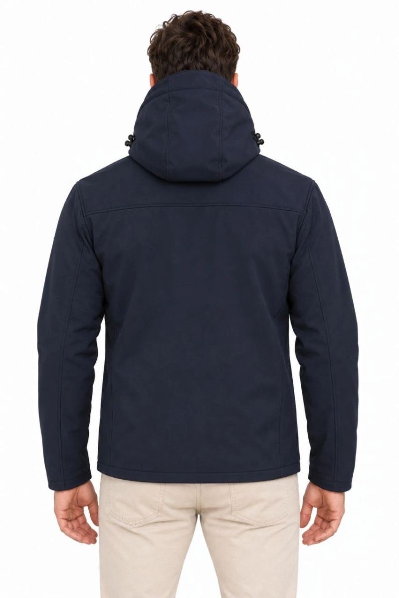 Erkek Su Geçirmez Softshell İçi Polar Astarlı Çıkarılabilir Kapüşonlu 4 Cepli Mont Ceket - Lacivert
