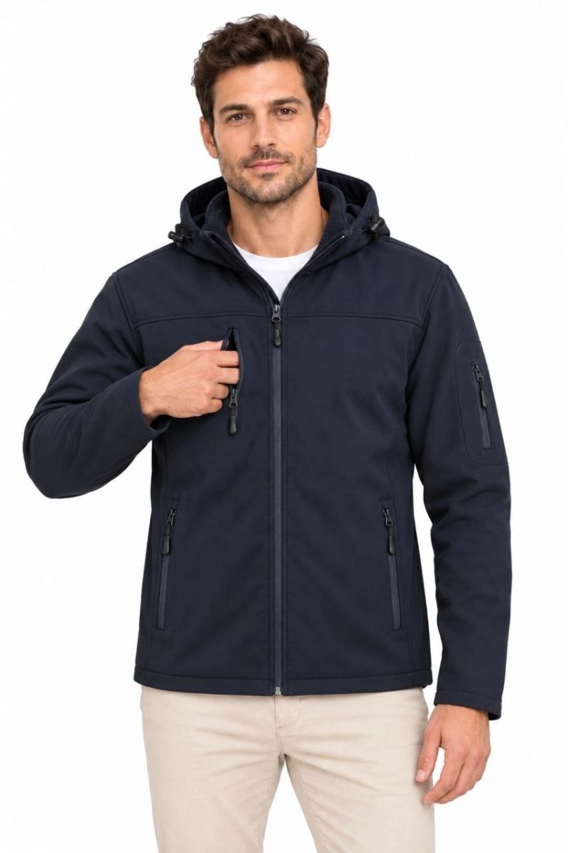 Erkek Su Geçirmez Softshell İçi Polar Astarlı Çıkarılabilir Kapüşonlu 4 Cepli Mont Ceket - Lacivert