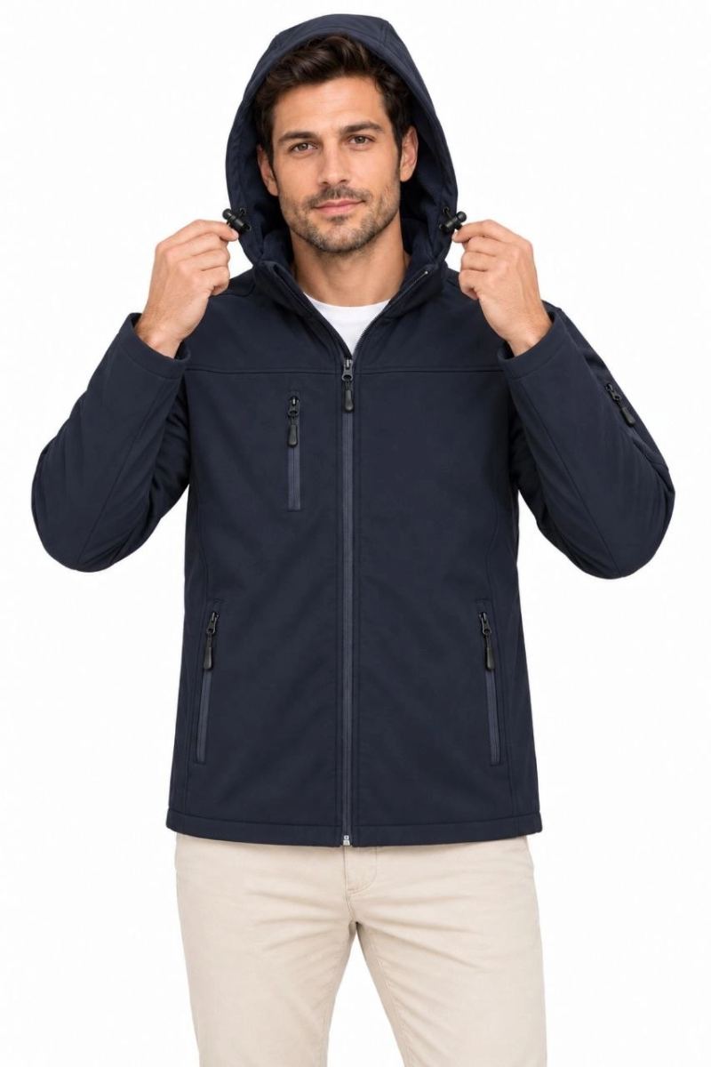 Erkek Su Geçirmez Softshell İçi Polar Astarlı Çıkarılabilir Kapüşonlu 4 Cepli Mont Ceket - Lacivert