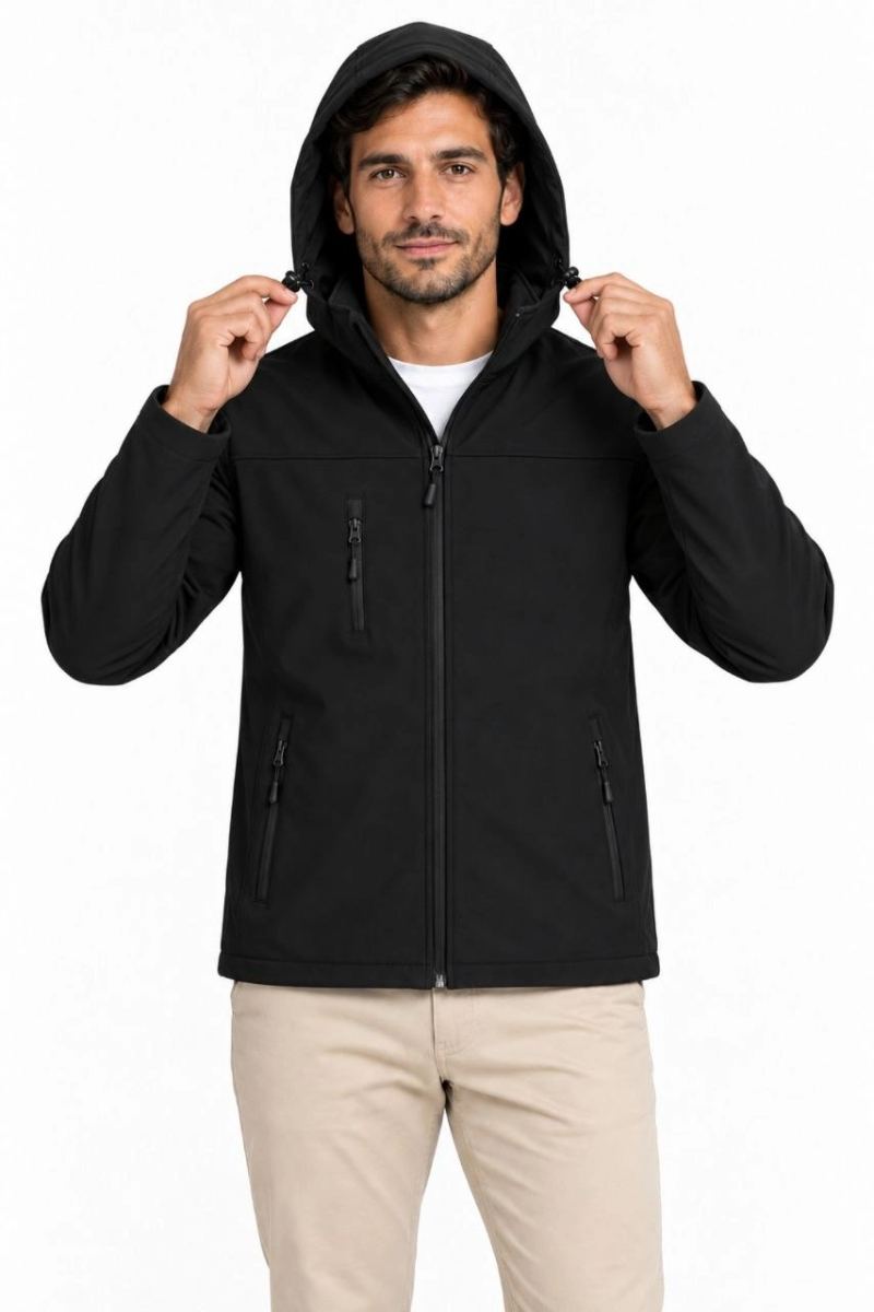 Erkek Su Geçirmez Softshell İçi Polar Astarlı Çıkarılabilir Kapüşonlu 4 Cepli Mont Ceket - Siyah