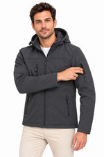 Erkek Su Geçirmez Softshell İçi Polar Astarlı Çıkarılabilir Kapüşonlu 4 Cepli Mont Ceket - Füme