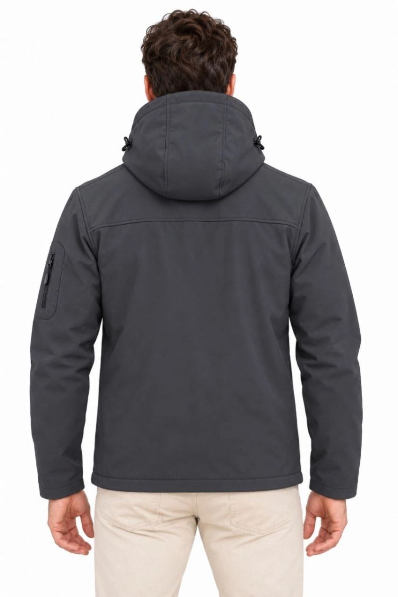 Erkek Su Geçirmez Softshell İçi Polar Astarlı Çıkarılabilir Kapüşonlu 4 Cepli Mont Ceket - Füme