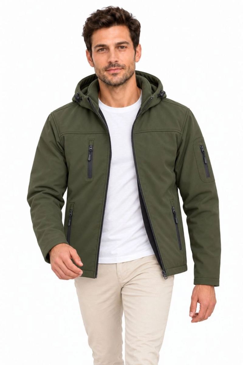Erkek Su Geçirmez Softshell İçi Polar Astarlı Çıkarılabilir Kapüşonlu 4 Cepli Mont Ceket - Haki