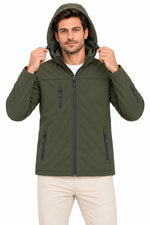 Erkek Su Geçirmez Softshell İçi Polar Astarlı Çıkarılabilir Kapüşonlu 4 Cepli Mont Ceket - Haki