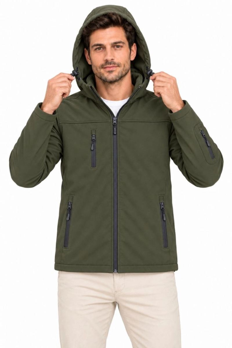 Erkek Su Geçirmez Softshell İçi Polar Astarlı Çıkarılabilir Kapüşonlu 4 Cepli Mont Ceket - Haki