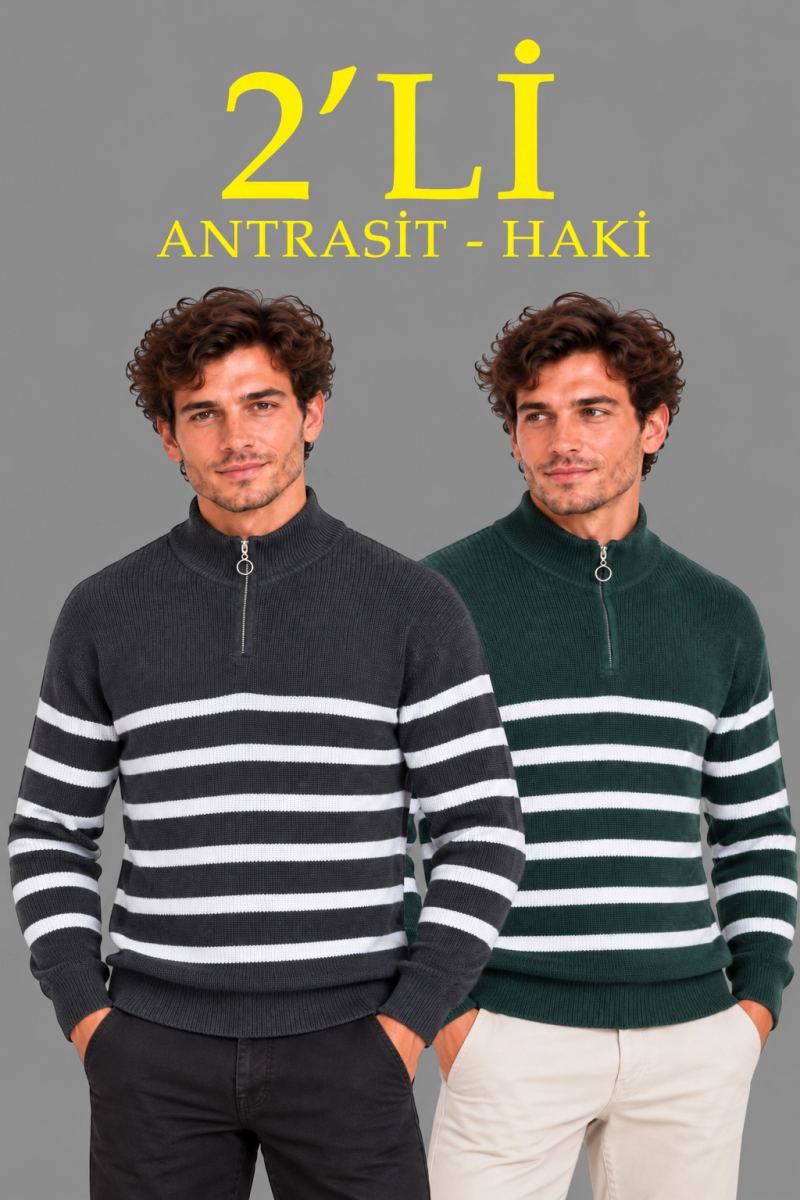 Erkek 2'Li Dik Yaka Yarım Fermuarlı Çizgili Selanik Örgü Triko Kazak - Antrasit & Haki