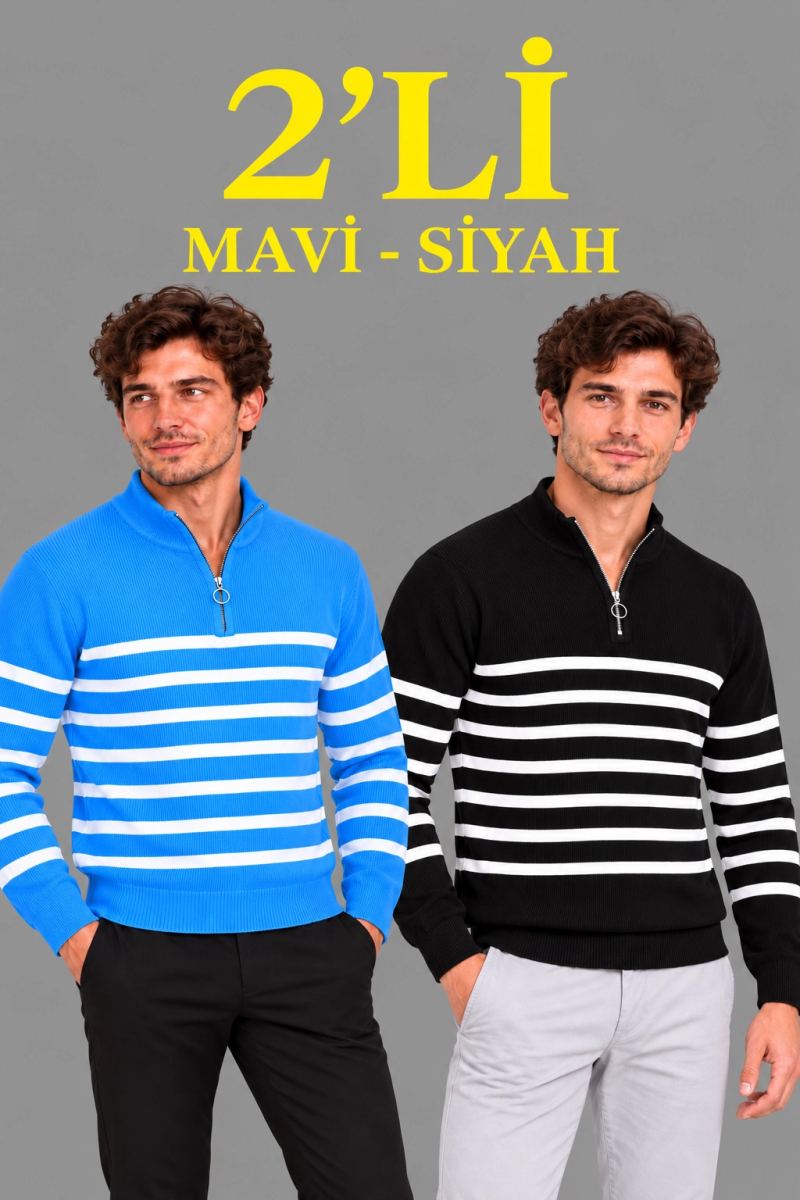 Erkek 2'Li Dik Yaka Yarım Fermuarlı Çizgili Selanik Örgü Triko Kazak - Mavi & Siyah
