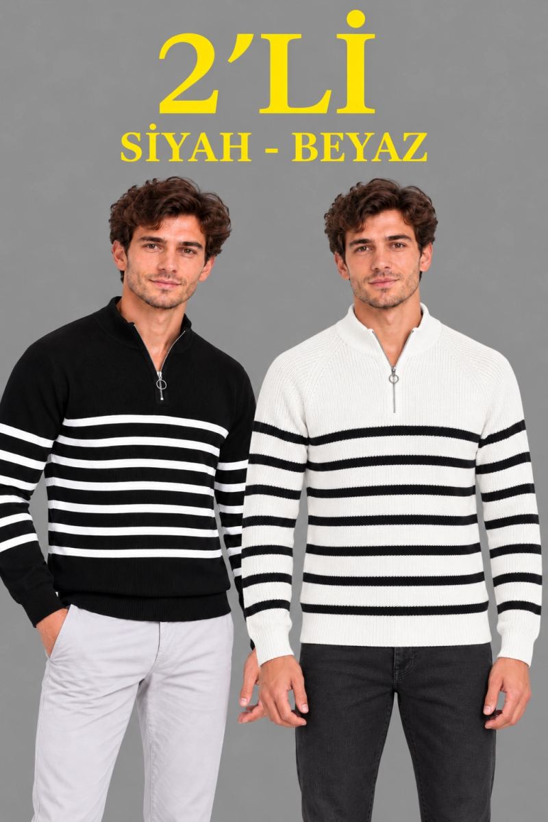 Erkek 2'Li Dik Yaka Yarım Fermuarlı Çizgili Selanik Örgü Triko Kazak - Siyah & Beyaz